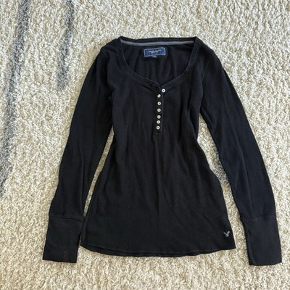 Y2K American Eagle Long Sleeve Black Top Waffle Knit Henley Medium Bella Swan